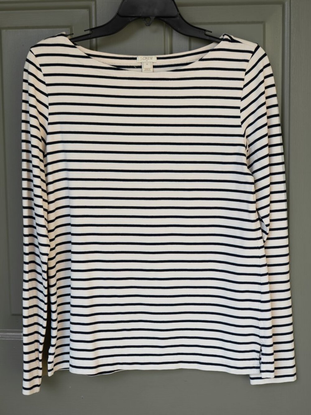 J. Crew White Striped Top Boat Neck Preppy Coastal Long Sleeve Horizontal Stripe